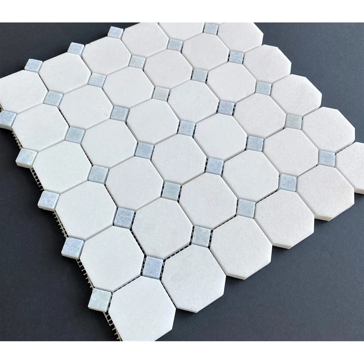 2" x 2" Thassos White Marble Ocatagon and Blue Celeste dot Moasic Floor andWall Tile | Wayfair North America