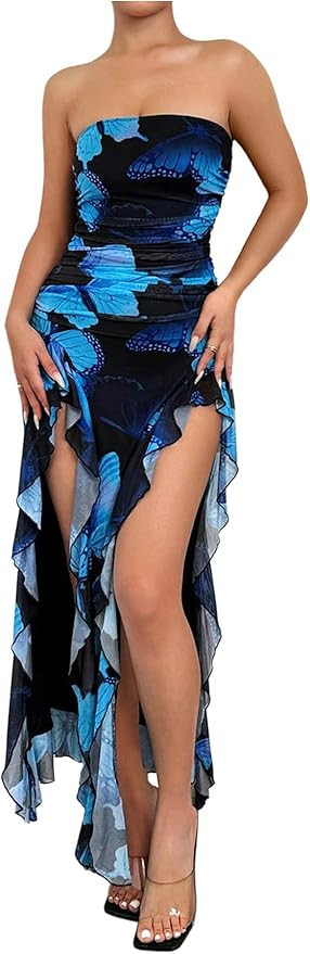 Verdusa Women's Butterfly Print Ruffle Dress Thigh Split Strapless Bodycon Tube Dress | Amazon (US)