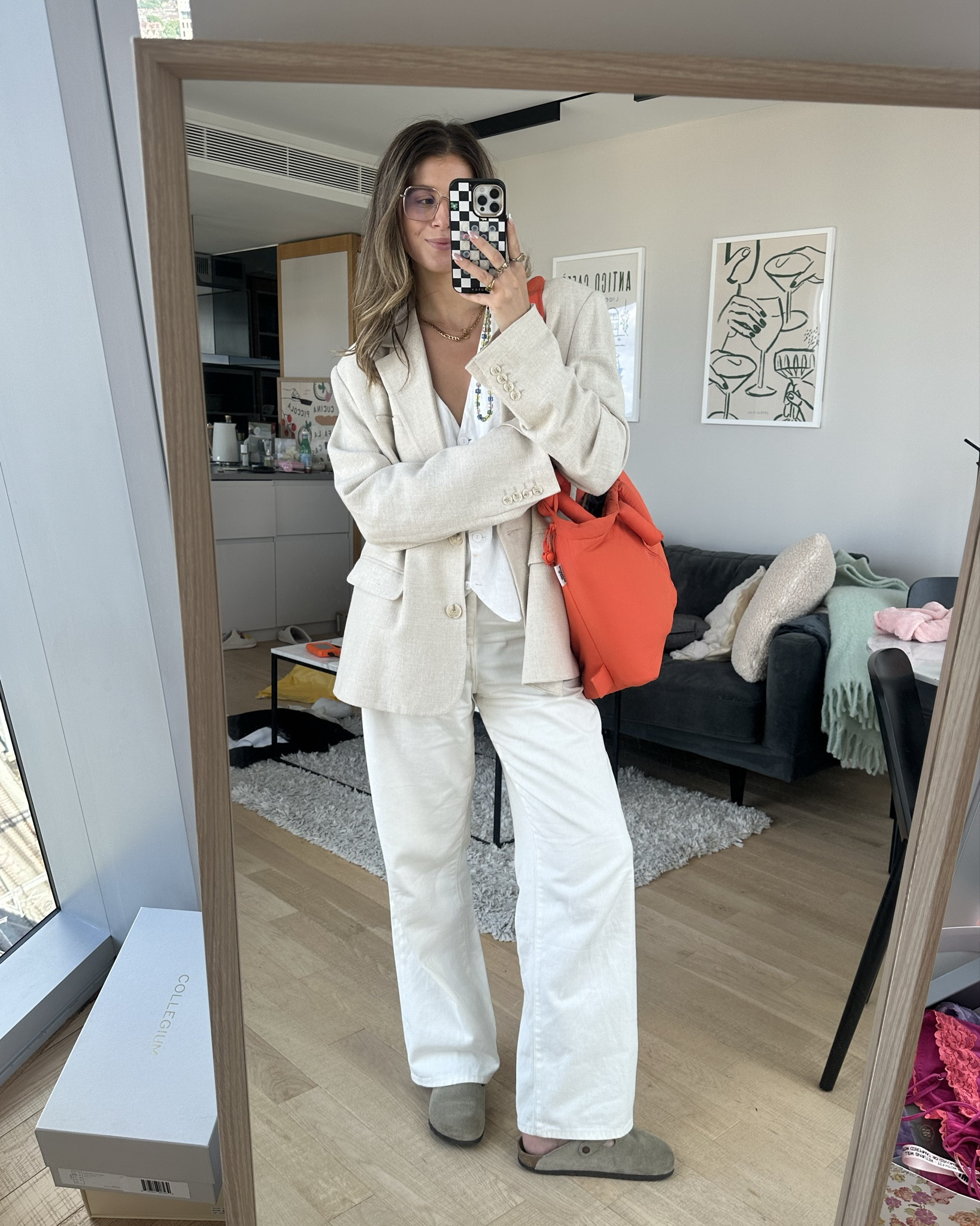 White uniqlo jeans, denim wide leg straight leg, linen blend beige cream blazer, oversized dad blazer, Birkenstock Boston clogs, linen white cream button up waistcoat vest gold framed glasses jewellery necklaces ootd outfit office workwear inspo smart casual summer inspo

#LTKsummer #LTKstyletip #LTKworkwear
