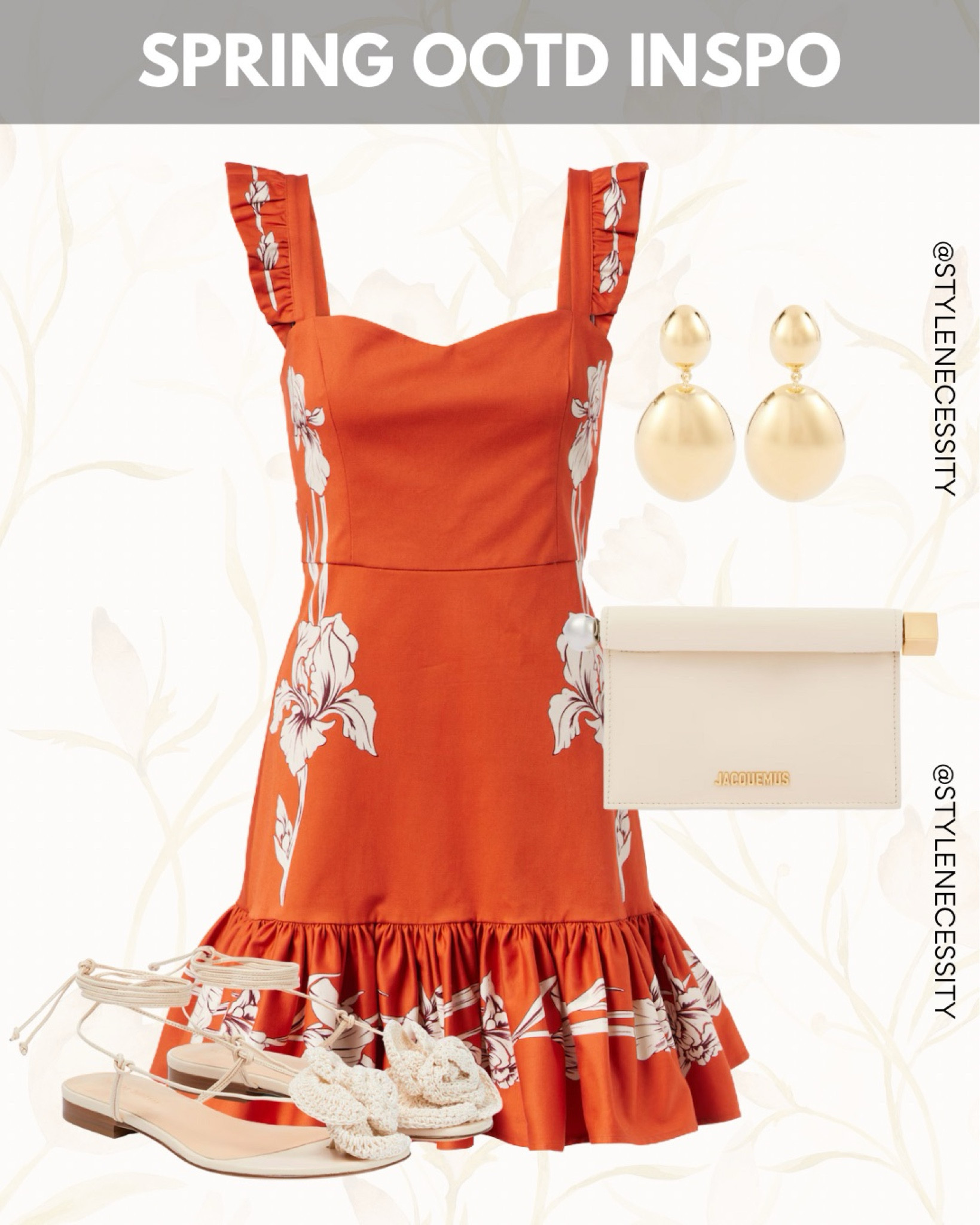 Spring is in Full Bloom! 🌼

This Spring OOTD inspo is everything. The bold floral dress with ruffle details is giving main character energy, and it pairs perfectly with those chic woven sandals and minimal cream accessories.

Add those statement gold earrings and you’re ready for brunch, garden parties, or spontaneous photo ops! 🧡

#SpringOOTD #StyleNecessity #FloralVibes #WarmWeatherFits #ChicAndComfy #JacquemusStyle #SpringStyleInspo #BoldAndFeminine #OOTDGoals #WeekendWardrobe