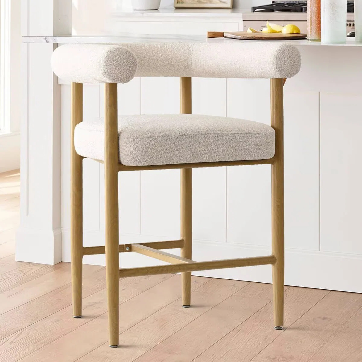 24" Beige Boucle Counter Stool with Arm | Wayfair North America
