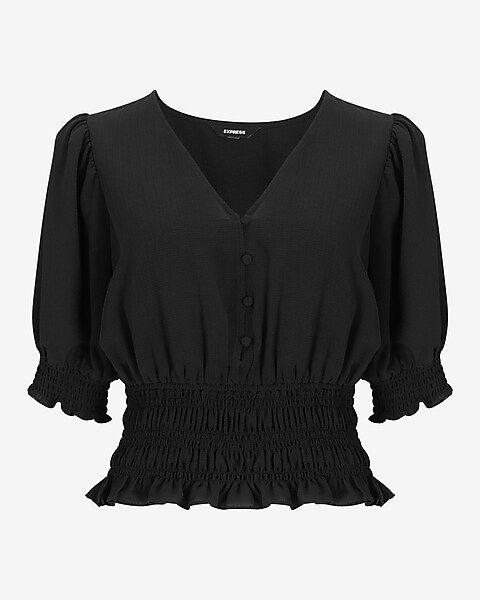 V-Neck Button Front Smocked Waist Top | Express
