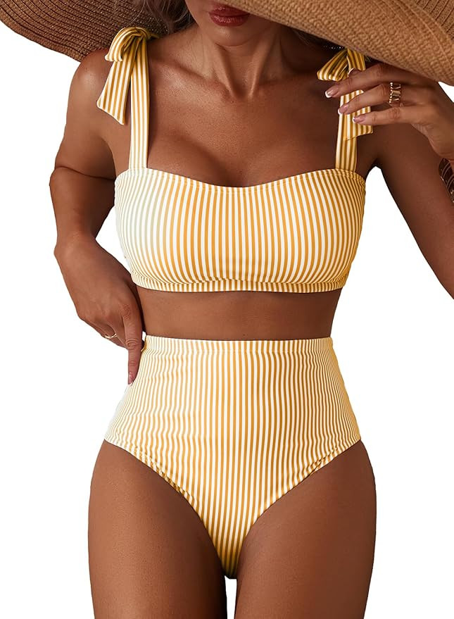 Herseas Womens Striped 2 Piece Bikini Set Shoulder Strap Knot Padded Summer 2026 Swimsuits High W... | Amazon (US)
