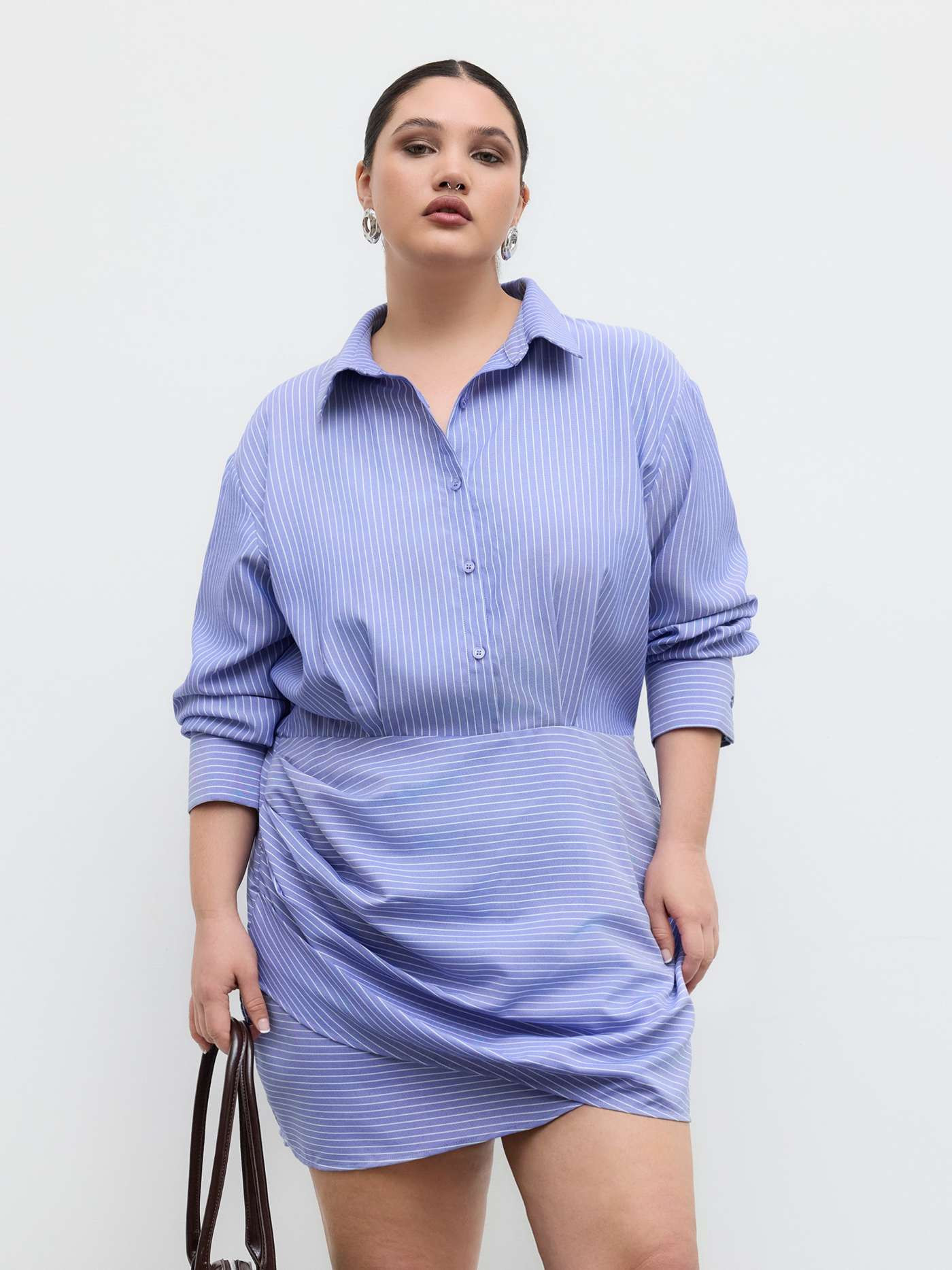 Woven Polo Stripe Wrap Shirt Mini Dress Curve & Plus For Work | Cider