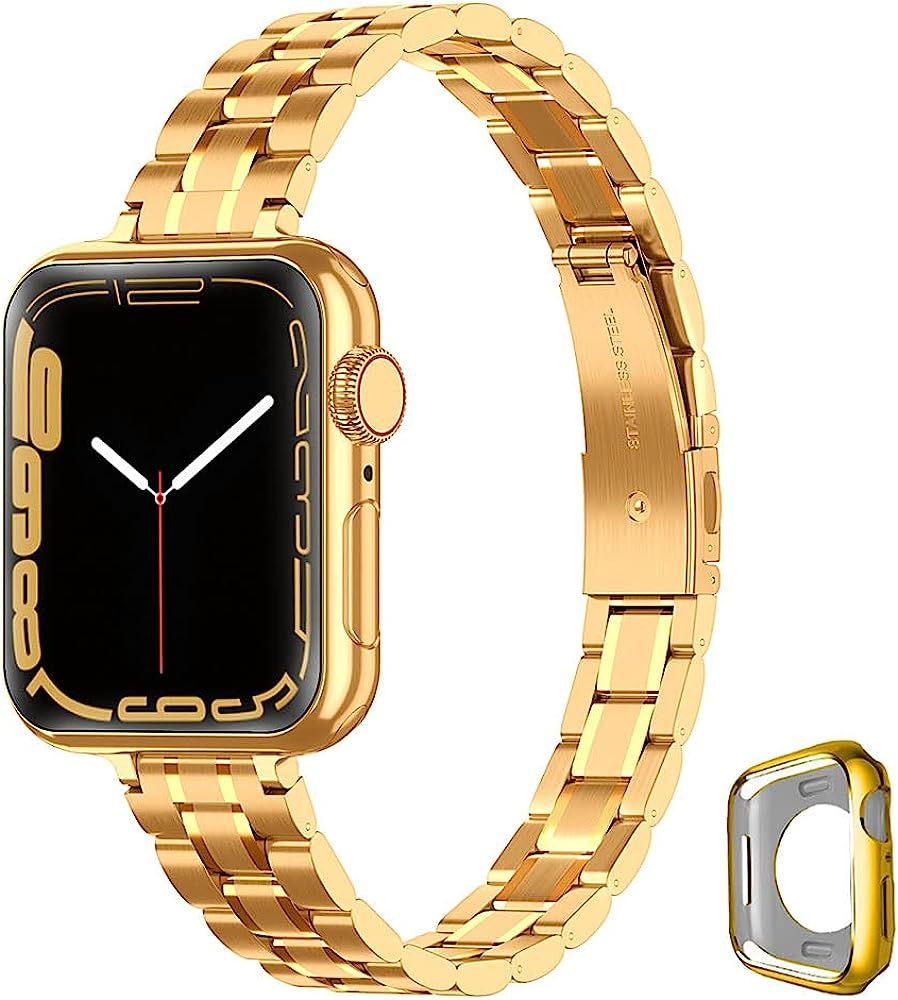 Metal band Compatible with Apple Watch Band 38mm 40mm 41mm 42mm 44mm 45mm for women, Slim and Thin Stainless Steel Replacement Adjustable Wristband for iWatch Series 9/8/7/6/5/4/3/2/1/SE | Amazon (US)