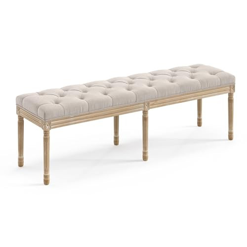 LUE BONA 60" Fabric End of Bed Bench, Upholstered Tufted French Bedroom Bench with Carved Legs for Bedroom End of King Size Bed, Living Room, Linen | Amazon (US)