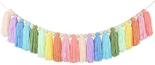 DrCor Pastel Rainbow Tassel Garland Wood Bead Colorful Garland Girls Bedroom Wall Classroom Nurse... | Amazon (US)