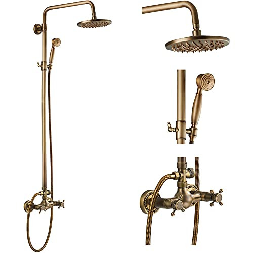 Antique Brass Bathroom Shower Faucet Set Brushed Gold Shower Fixture 8 Inch Rainfall Shower Head Han | Amazon (US)