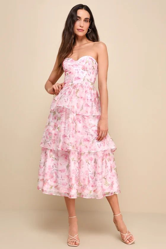 Wedding Guest Dress | Light Pink Floral Organza Bustier Midi Dress | Lulus