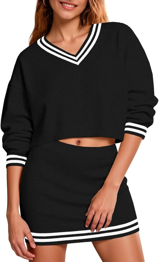 Fisoew Womens 2 Piece Outfits Casual Long Sleeve V Neck Knit Cropped Sweater Mini Skirt Sets Fall... | Amazon (US)