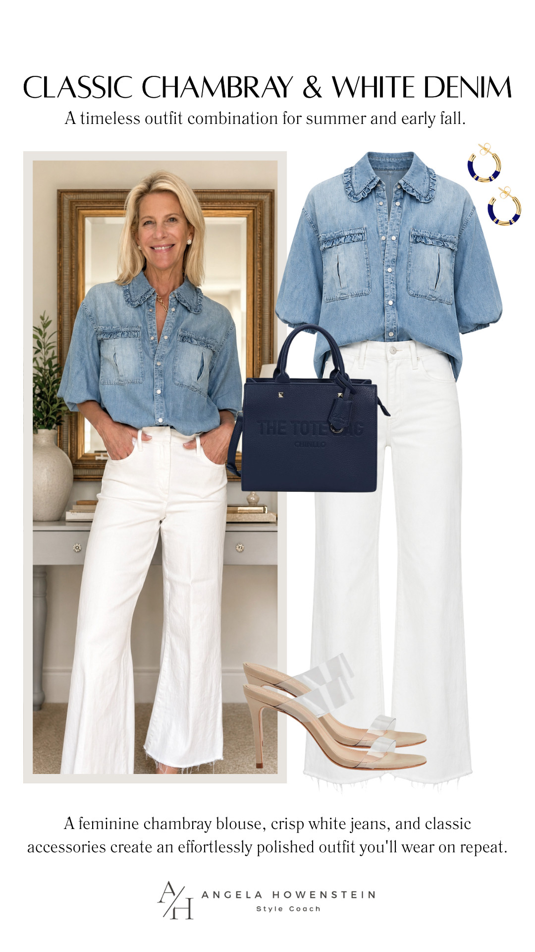 This is one of my favorite outfit formulas: a feminine chambray top + crisp white denim. It's classic, flattering, and works for everything from lunch with friends to date night or weekend plans. Add a structured navy bag and barely-there heels for an elevated finish.

Simple pieces. Endless compliments. ✨

👩‍💻 LTK PRO TIPS
❤️ Heart = Support my posts ;-)
🔖 Save = Get sale & restock alerts for the things you love!
📋 Lists = Keep favorites organized.
📲 Share = Send lists and products to a friend.
💬 Comment = Ask me anything, and I'll answer. ;-) 

 #LTKootd #LTKSeasonal #LTKOver40