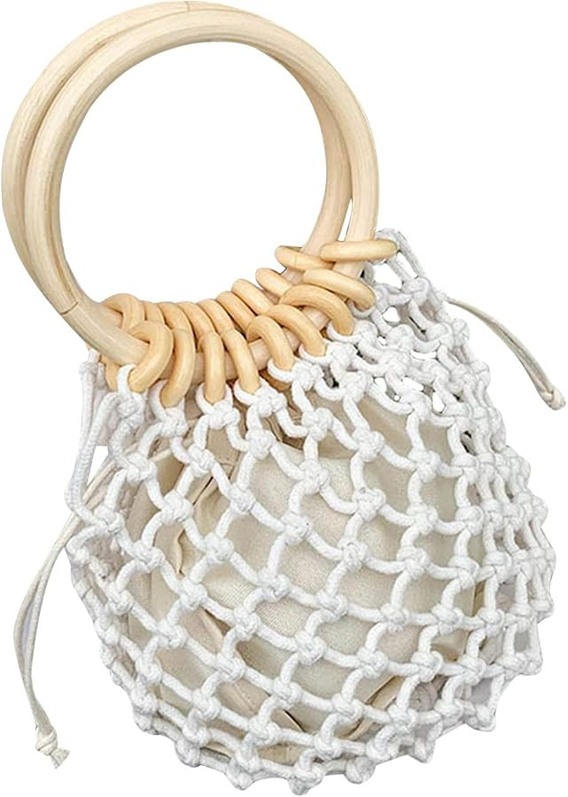 Women Woven Crochet Handbag, Travel Hollow Out Wood Handle Drawstring Bucket Bag Handle Beach Bag... | Amazon (US)