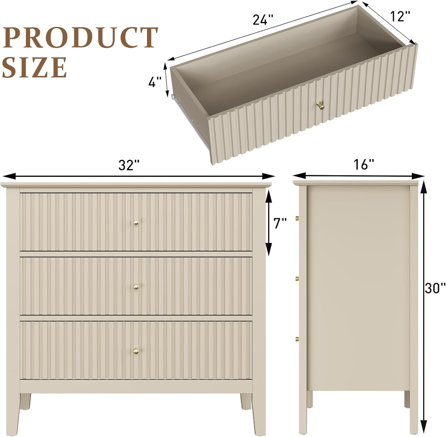 RoyalCraft 3 Drawer Dresser Set of 2, Fluted Wood Drawers for Bedroom, Modern Painted 30 inch Wid... | Amazon (US)