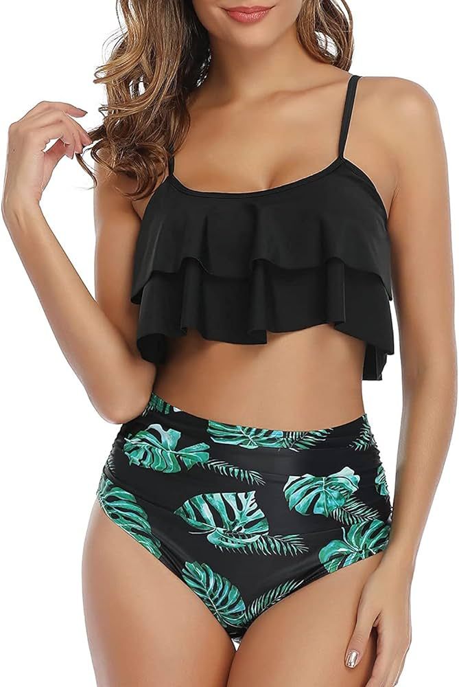 Tempt Me Women Two Piece Swimsuits Ruffle High Waisted Bikini Ruched Bathing Suit with Bottom | Amazon (US)