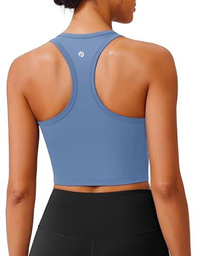 PINSPARK Sports Bra Stretch Racerback Tank Tops for Women Padded Longline Yoga Workout Crop Top Built in Bra with Light Support Small,Oasis Blue | Amazon (US)