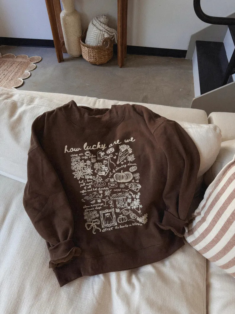 How Lucky Are We Fall Mock Neck Sweatshirt | Cozy Autumn Graphic Pullover | Vintage Inspired Brow... | Etsy (US)