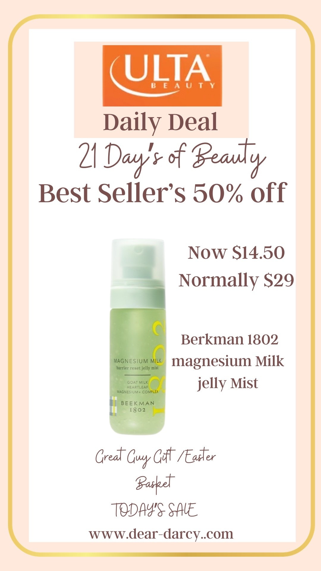 Ulta 
21 days of Beauty 

Today my picks are

Beekman 1802 
Magnesium milk
Berries reset jelly mist

Now $14.50
Normally $29

I have and use this daily  

#LTKBeauty #LTKOver40 #LTKSaleAlert
