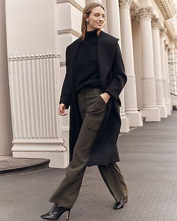 Shawl Lapel Wrap Coat + Cable Knit Sweater + Cargo Trouser Pant | Express