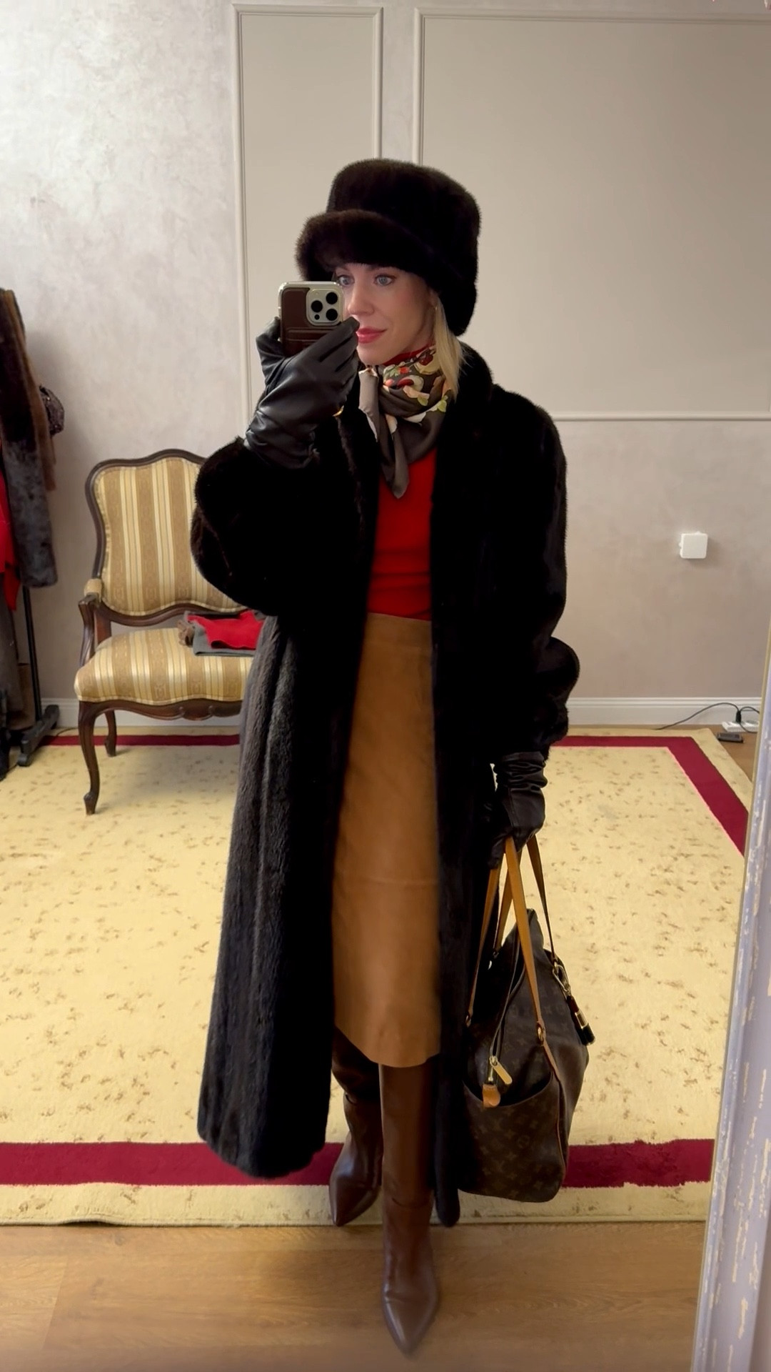 Winter workwear ootd, fur bucket hat, chocolate brown outfit, fur coat, silk scarf, suede skirt, chocolate brown kitten heel boots 

#LTKOver40 #LTKootd #LTKWorkwear