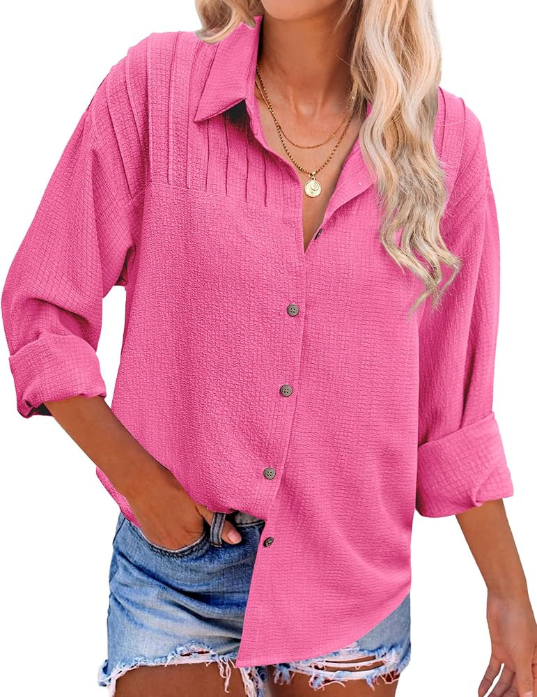 HOTOUCH Button Down Shirts for Women Casual Pleated Long Sleeve Shirt Textured Loose Fit Collared... | Amazon (US)