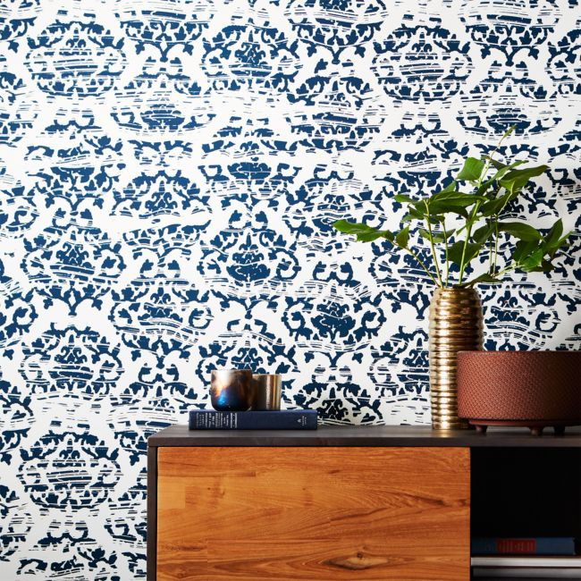 Damask Navy and White Wallpaper | CB2