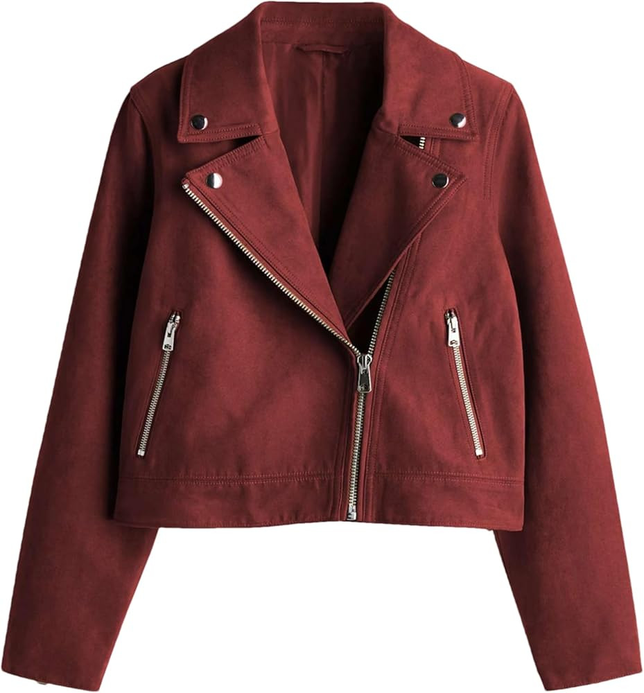 Mingzhu 2025 Women's Faux Suede Moto Jackets Long Sleeve Zip Up Casual Short Outwear With Pockets | Amazon (US)