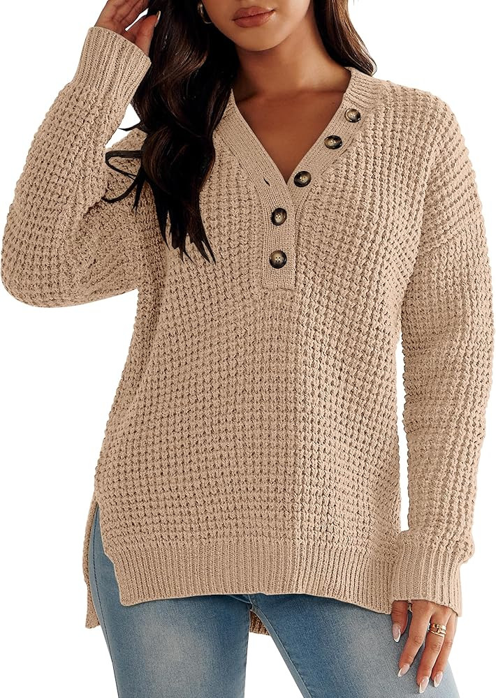 ANRABESS Womens Oversized Sweater Long Sleeve Loose V Neck Button Jumper Casual Waffle Side Slit ... | Amazon (US)