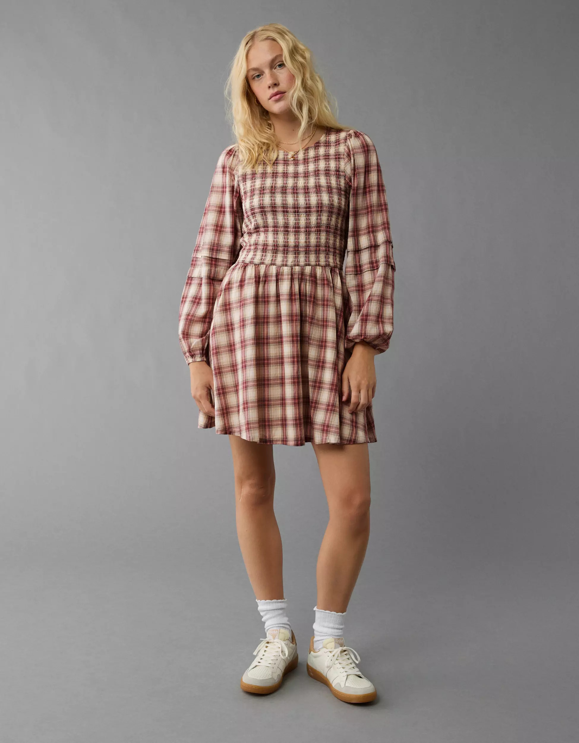 AE Long-Sleeve High Neck Plaid Mini Dress | American Eagle Outfitters (US & CA)