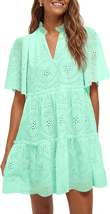 Wenrine Womens Summer Eyelet Dress Short Sleeve Babydoll V Neck Hollow Out Lace Ruffle Casual Bea... | Amazon (US)