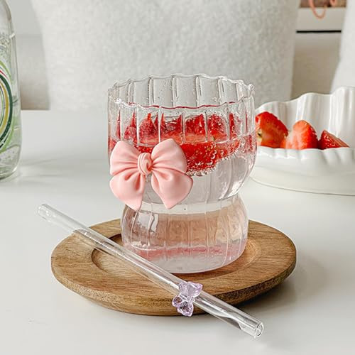 Vintage Ripple Glass Cups, 12 Oz/350 ml, 2 Pack, Butterfly Decoration, Iced Coffee Glasses for Juice, Beer, Beverage, Water, Dessert Drinking, Café Glasses with Bow (Pink-1pc) | Amazon (US)