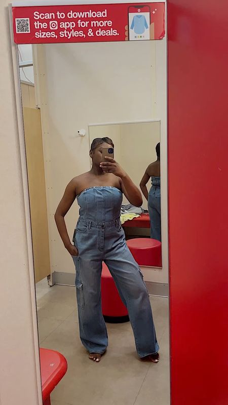target try on - cargo denim jumpsuit I’m 5’4 wearing a size medium! This is giving oversized denim look. If I size down to a small it was a little tight around my hip area. It come in different colors I linked below. 

#LTKVideo #LTKfindsunder50 #LTKxTarget