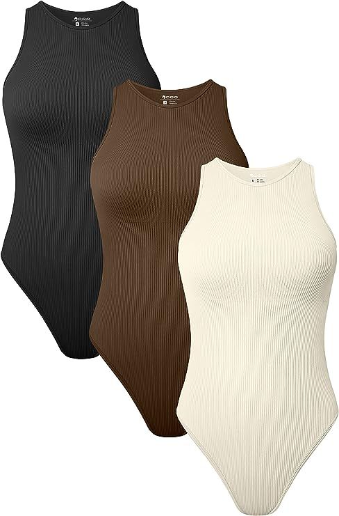 OQQ Women's 3 Piece Bodysuits Sexy Ribbed Sleeveless One Piece Halter Neck Sleeveless Bodysuits | Amazon (US)