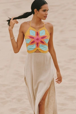 Celandine Linen Blend Embellished Flower Maxi Dress | Anthropologie (US)