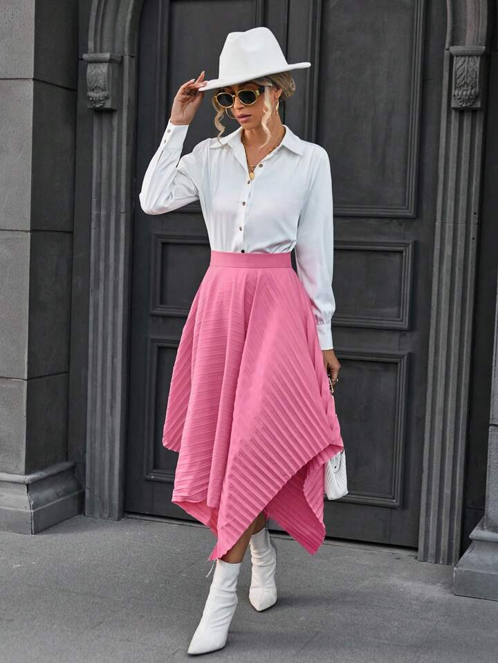 SHEIN Privé Solid Hanky Hem Pleated Detail Skirt | SHEIN
