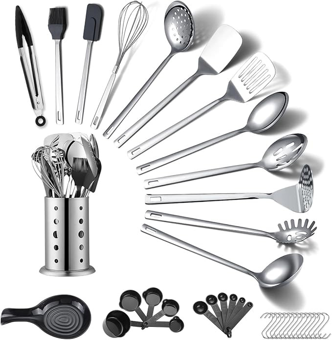 Stainless Steel Kitchen Utensils Set 40 Pieces, Cooking Utensil Set with Utensils Holder, Kitchen... | Amazon (US)