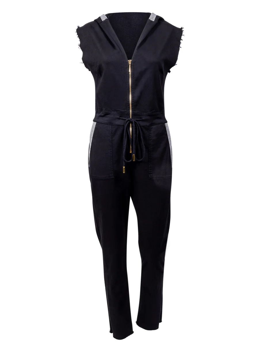 The Carly Hooded Denim Jumpsuit in Black | La Peony Clothing