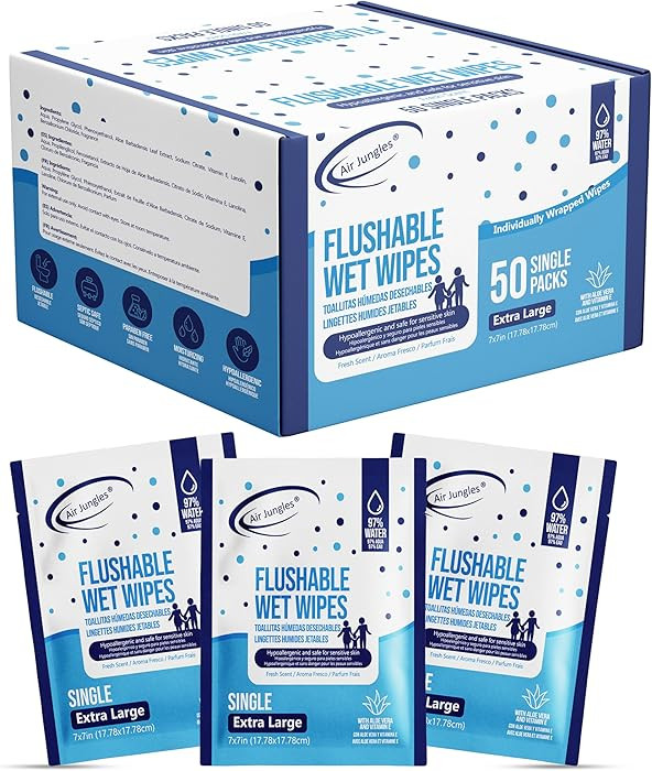 Air Jungles Flushable Wipes Travel Size Individually Wrapped 50 Ct, On-the-Go Butt Wipe with Aloe... | Amazon (US)