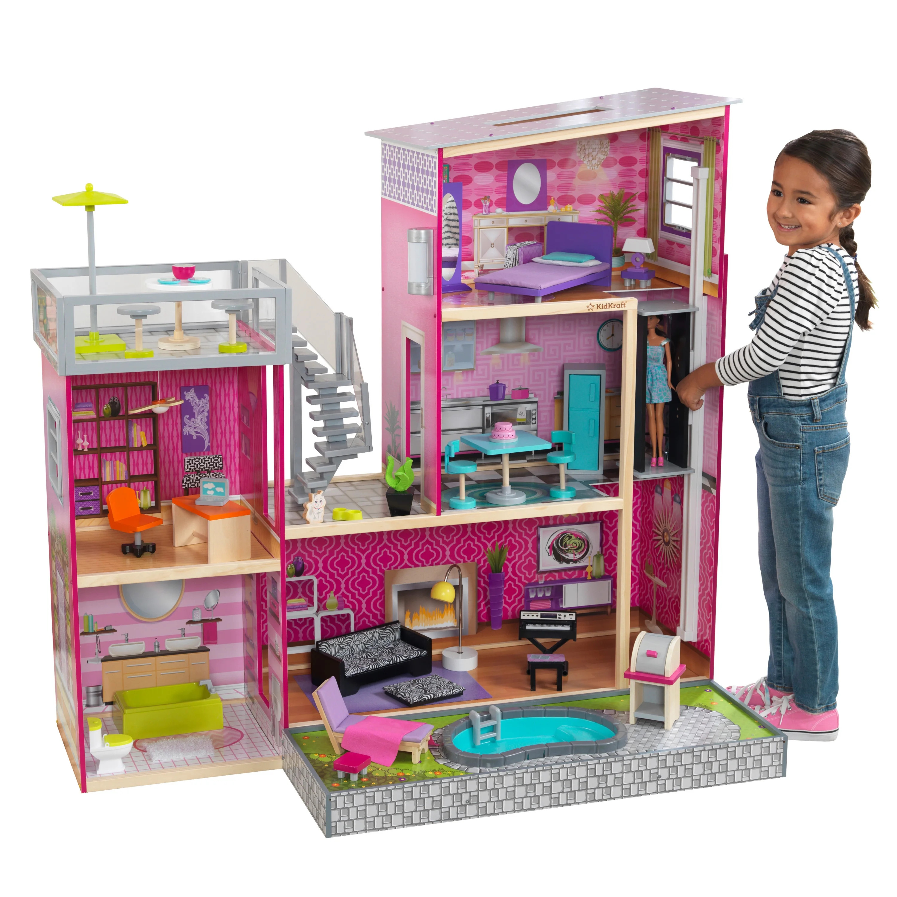 KidKraft Uptown Wooden Dollhouse with Lights & Sounds, Pool and 36 Accessories | Walmart (US)