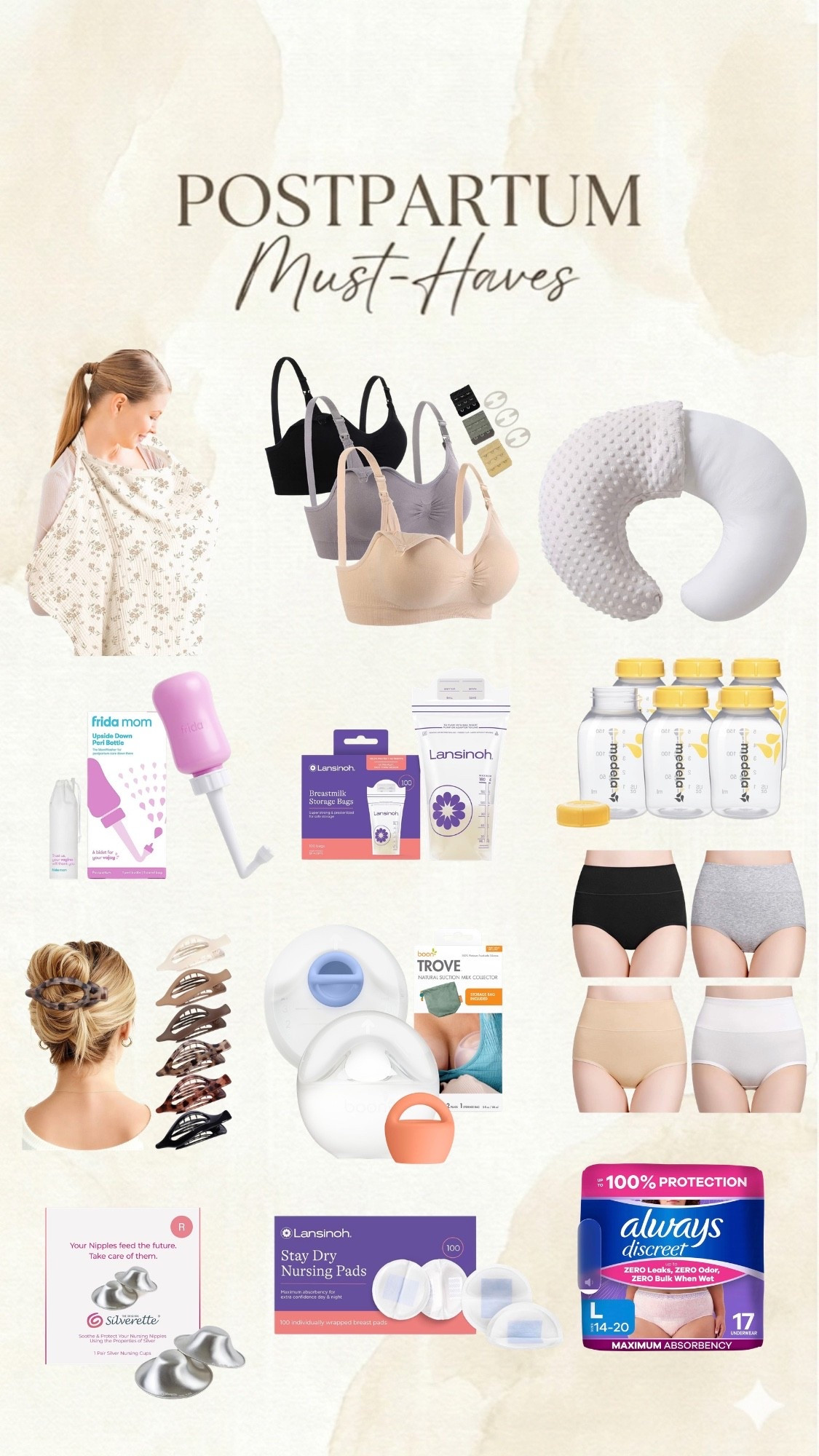 Postpartum Must-Haves 
Over 6 weeks postpartum & these are the items I found to be must-haves

Nursing Cover - easy to use & great coverage for privacy. Also very lightweight for comfort of both you and baby. 

Nursing bras - comfortable and easy to use clasps. Also great price point 3 for under $15

Boppy - great comfort for nursing and for holding baby as they get heavier (or even for guests)

Peri bottle - way better than the one from the hospital 

Flat claw clips - comfortable to throw hair up in without having to worry about the clip digging into your head 

Troves - I’m exclusively breastfeeding  so these are great to have for let-down to build up a milk stash

Milk storage bottles - I add the milk I get from my troves to these until I’m ready to freeze

Milk storage bags - great for when you’re ready to freeze milk

Always diapers - way easier and comfortable to wear for postpartum bleeding. 10/10 recommend

High waisted underwear- super comfortable when you no longer need the diapers. Even great for after you’re done bleeding just to hold you in. 

Nursing pads - didn’t realize how much of a necessity these are. I had leaked through my shirt on several occasions. I always wear these when going out of the house. 

Silverettes - these are a god send. Truly heals so quickly. Never even need to use nipple cream because these do the trick. 


#LTKmomlife #LTKSaleAlert #LTKBump