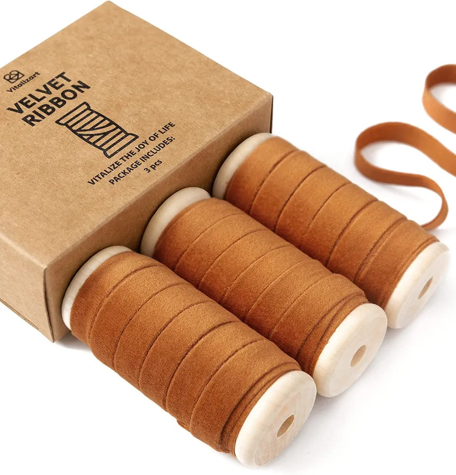 Amazon.com: Vitalizart Terracotta Velvet Ribbon Set 3/8"" x 15Yd Wooden Spool Fabric Trim Eco-Fri... | Amazon (US)