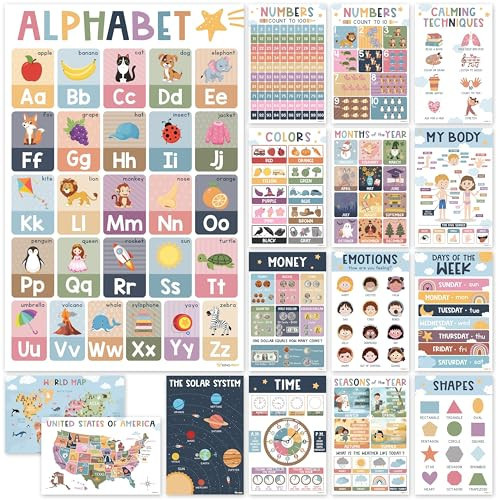 KINGPRINT 16 Laminated Educational Posters For Toddlers (11"x17"), Boho Posters For Classroom, Homeschool Must Haves For Kids, Prek Learning, Preschool Classroom Supplies, Kindergarten Classroom Decor | Amazon (US)