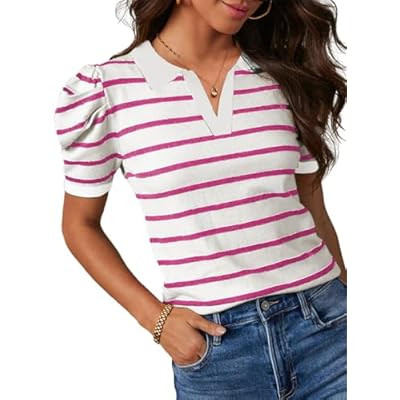 Dokotoo Womens Puff Short Sleeve Shirts Trendy V Neck Dressy Casual Knit Tops Str… | Amazon (US)