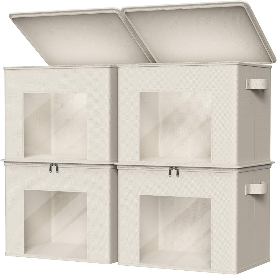 Zilink Fabric Storage Bins with Lid Sweater Closet Organizer, Beige,4 Pack | Amazon (US)