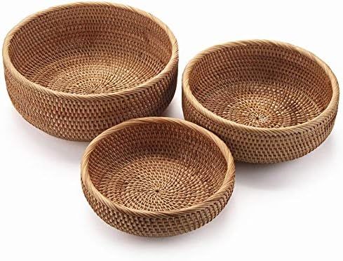 YANGQIHOME Natural Rattan Round Fruit Basket Bowls, Handwoven Storage Serving Baskets, Wicker Org... | Amazon (US)