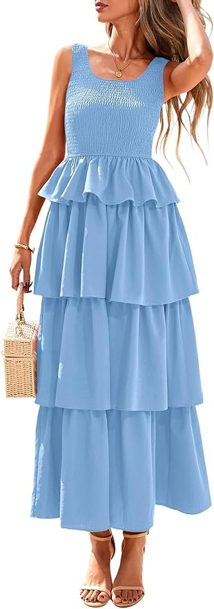 PRETTYGARDEN Womens 2025 Summer Sleeveless Midi Dress Scoop Neck A Line Smocked Ruffle Tiered Lay... | Amazon (US)