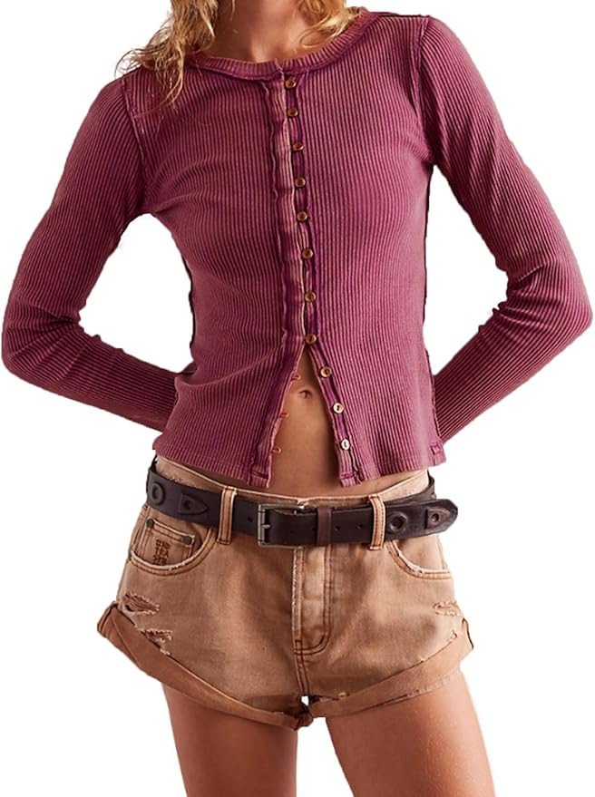 Womens Slim Fitted Cardigan Long Sleeve Y2K Ribbed Tops Button Down Shirts | Amazon (US)