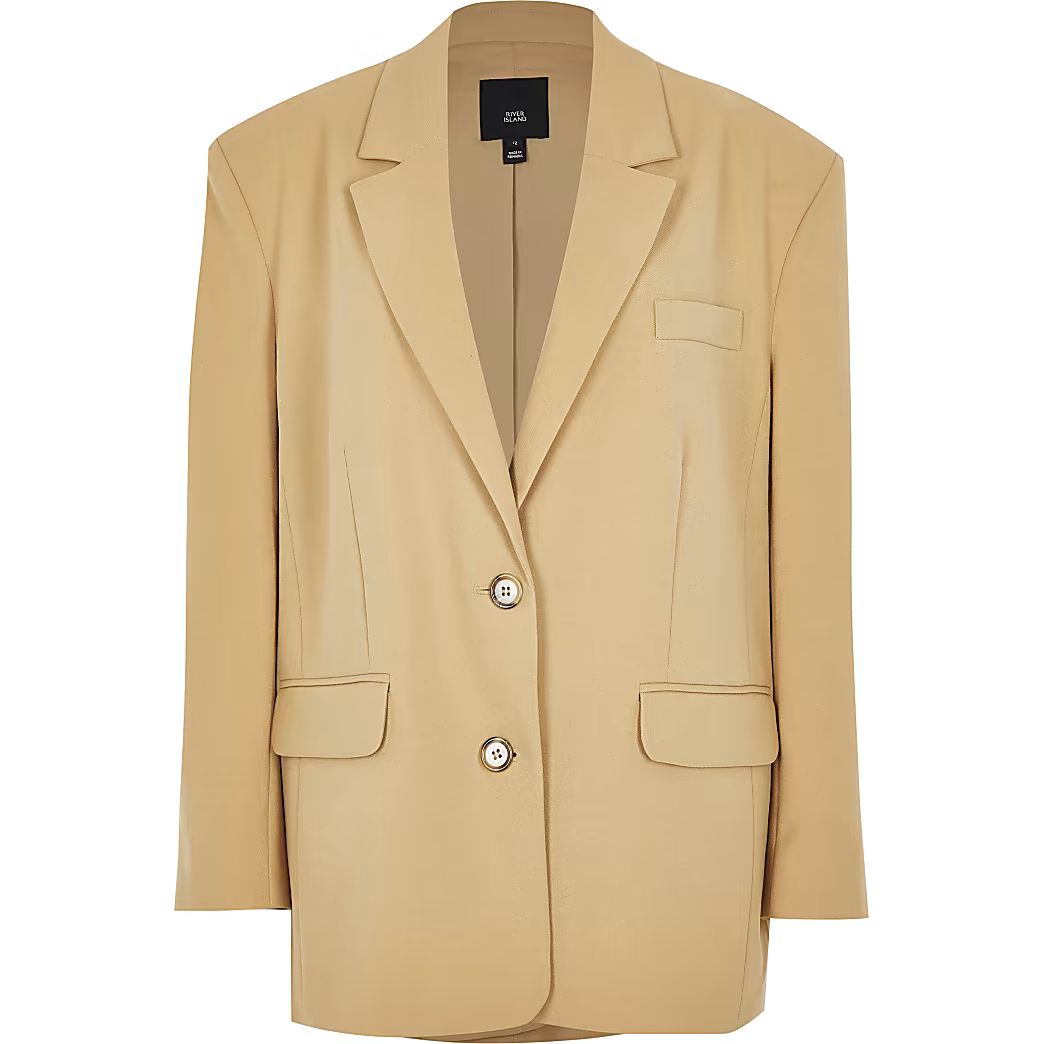 Beige oversized button detail blazer | River Island (US)