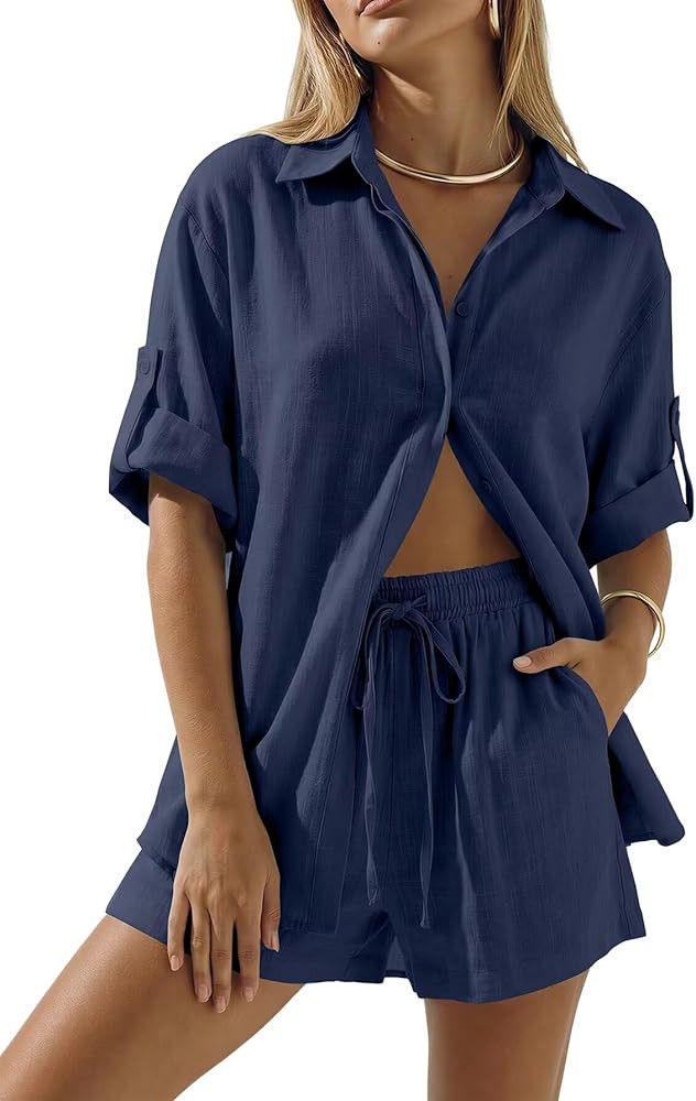 BWQ Womens 2 Piece Linen Short Sets Beach Vacation two piece sets for women summer | Amazon (US)