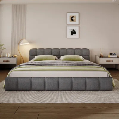 Queen Size Chenille Upholstered Bed with Checkerboard Design, Grey & Beige Tufted Platform Bed with Solid Wood Frame (Mattress not included) | Wayfair North America