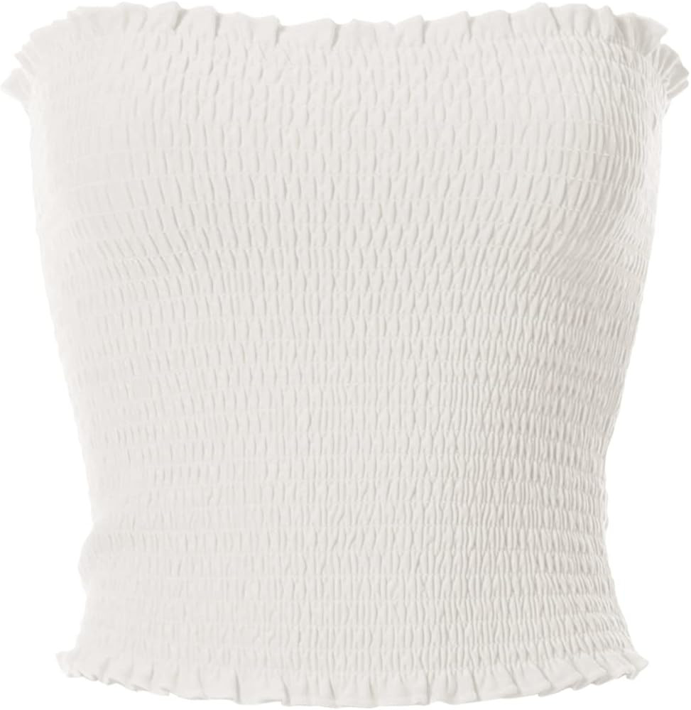 MixMatchy Women's Strapless Smocked Lettuce Hem Stretch Bustier Bandeau Crop Tube Top | Amazon (US)